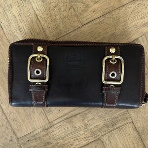 Coach Dark Brown Leather Zoe Legacy Wallet with Gold Accents
